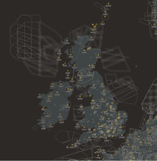 Combined view of UK airspaces and aerodromes