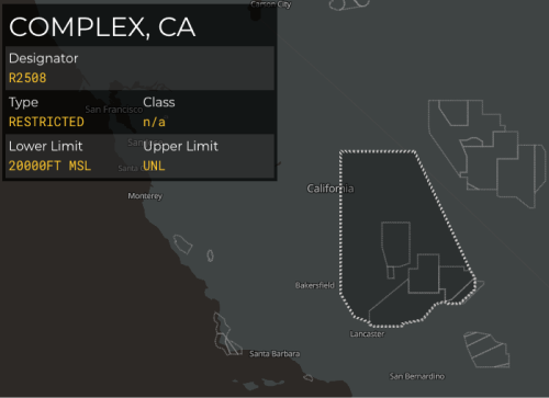 View of restricted airspace over California